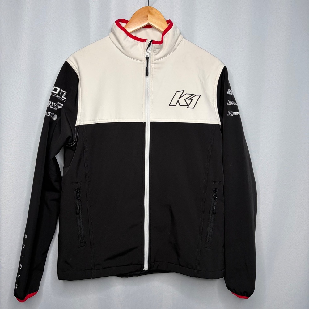 K1 Speed Racing Men Medium Softshell Jacket Black White Embroidered Sponsor Logo